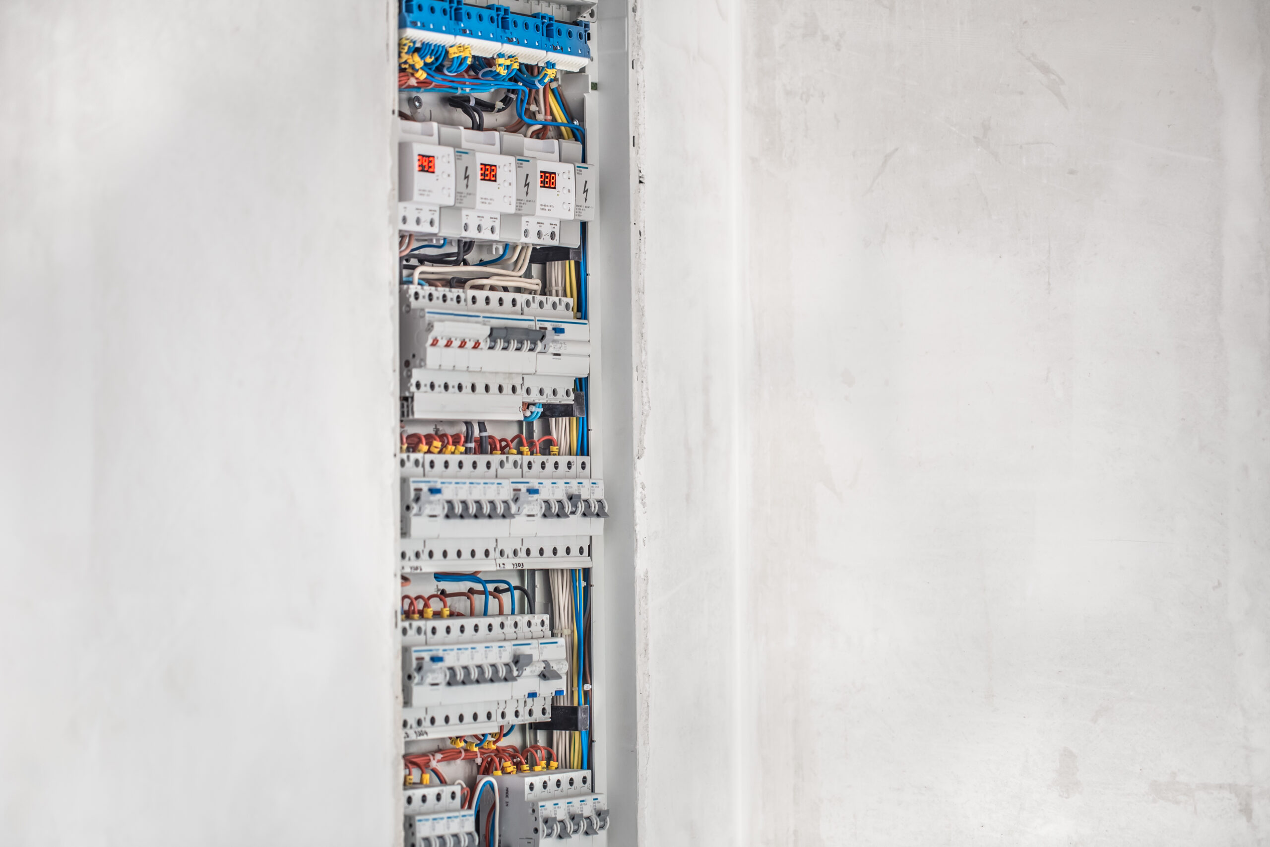 Electrician, switchboard with fuses. Connection and installation in the electrical panel with modern equipment. Concept of complex work, space for text.